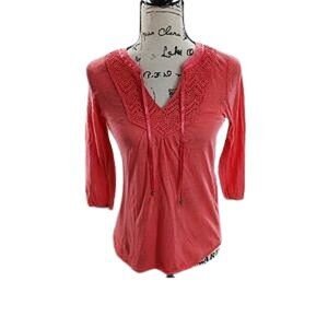 Lucky Brand Pink Peasant Top Tie Closure 3/4 Sleeve Crochet Womens Size XS